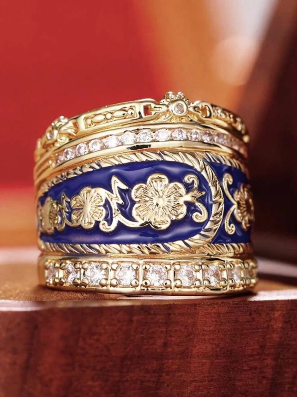 Gold and Blue Enamel Floral Band Ring